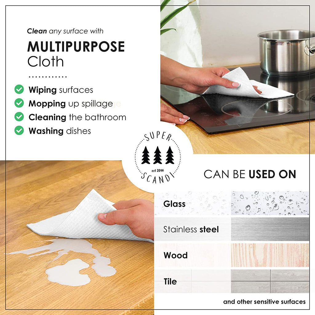 5 Pack Swedish Dishcloths for Kitchen - 100% Biodegradable & Compostable, Reusable Paper Towels Washable, Food-Safe & without Plastic - Dish Rags Suitable for Any Surface, Scandi White